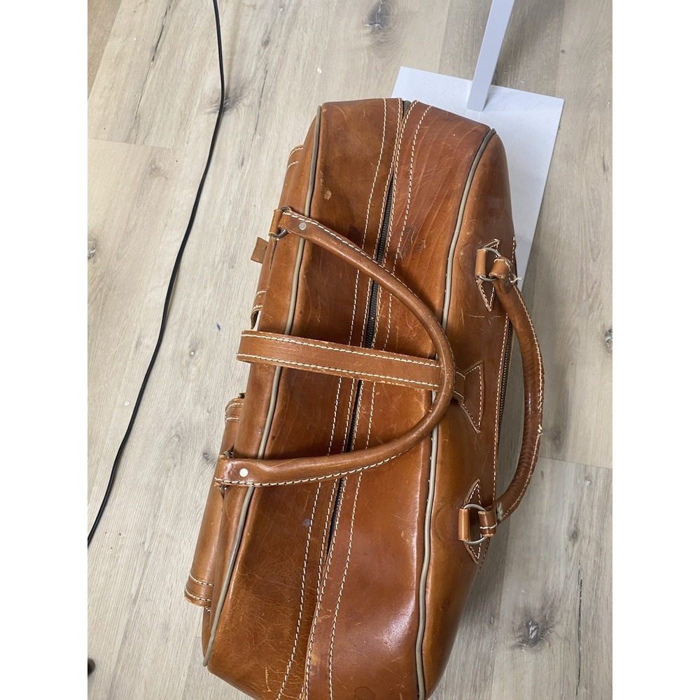 Vintage 70's Tan Leather Duffel Bag Weekend Travel Carry On Luggage Brown Pocket - Picture 8 of 14